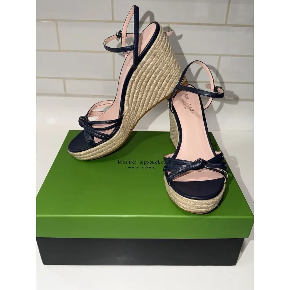 Kate Spade Tessa Navy Blue Leather Espadrille Wedge Sandals Size 11 B EUC